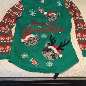 No Boundaries Festive Green and Red Cat Light Up Sweater